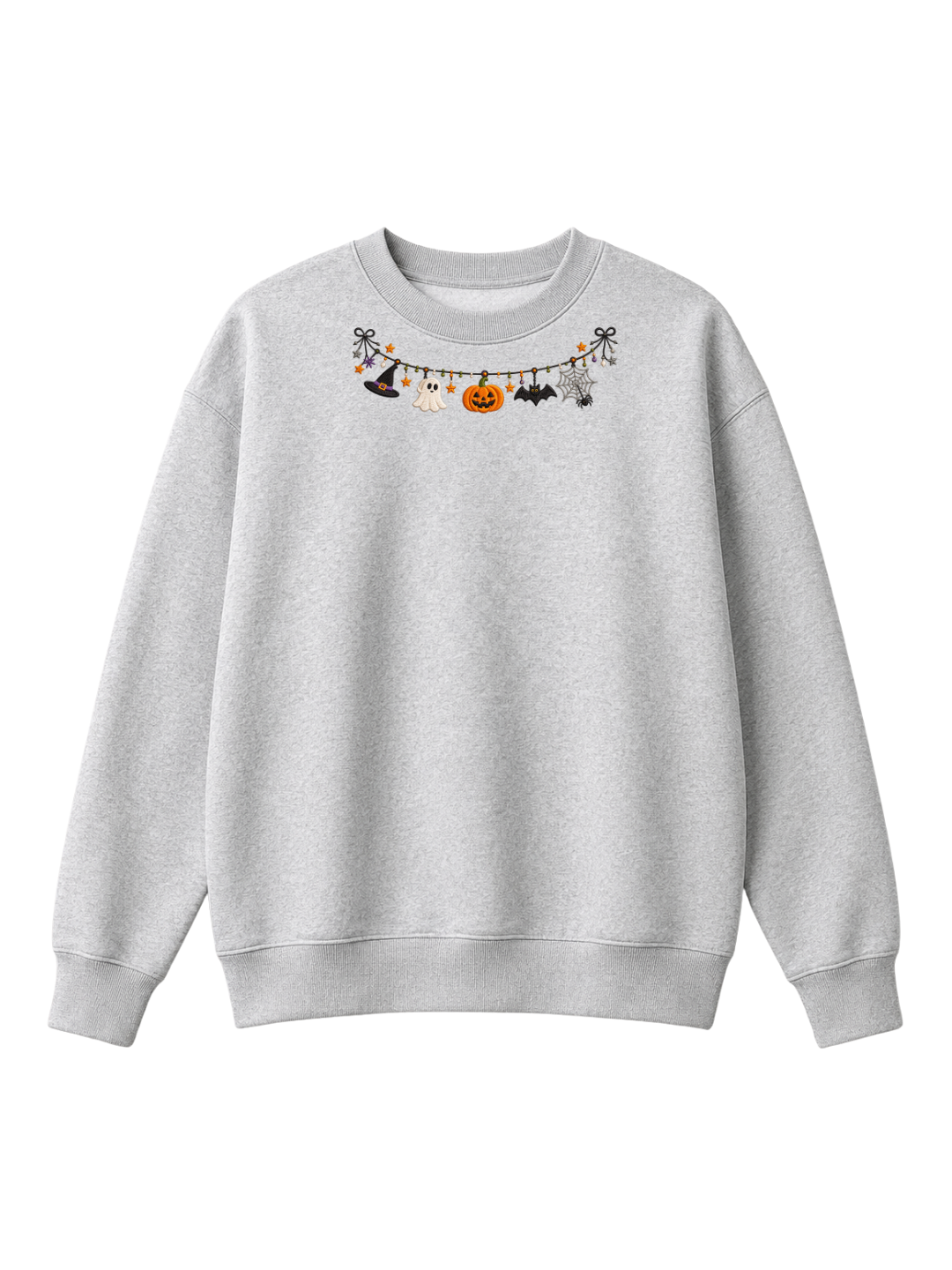 Chaotic Mom Embroided Cute Halloween Charm Garland Bat Spider Web Neckline Crewneck Sweater