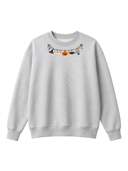 Chaotic Mom Embroided Cute Halloween Charm Garland Bat Spider Web Neckline Crewneck Sweater
