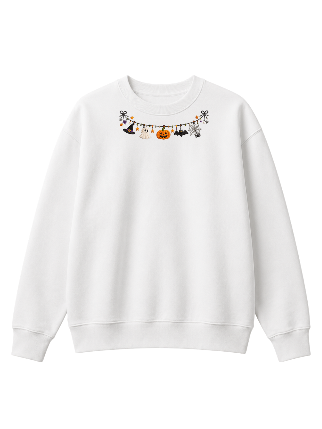 Chaotic Mom Embroided Cute Halloween Charm Garland Bat Spider Web Neckline Crewneck Sweater