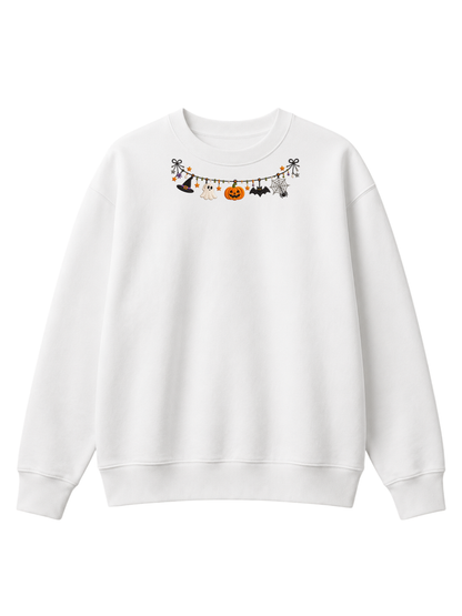 Chaotic Mom Embroided Cute Halloween Charm Garland Bat Spider Web Neckline Crewneck Sweater