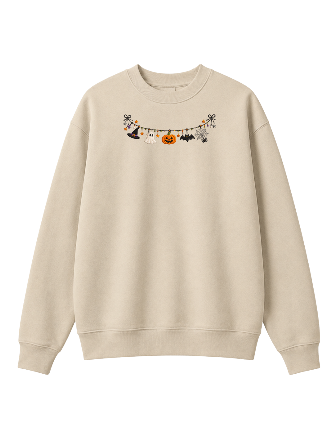 Chaotic Mom Embroided Cute Halloween Charm Garland Bat Spider Web Neckline Crewneck Sweater