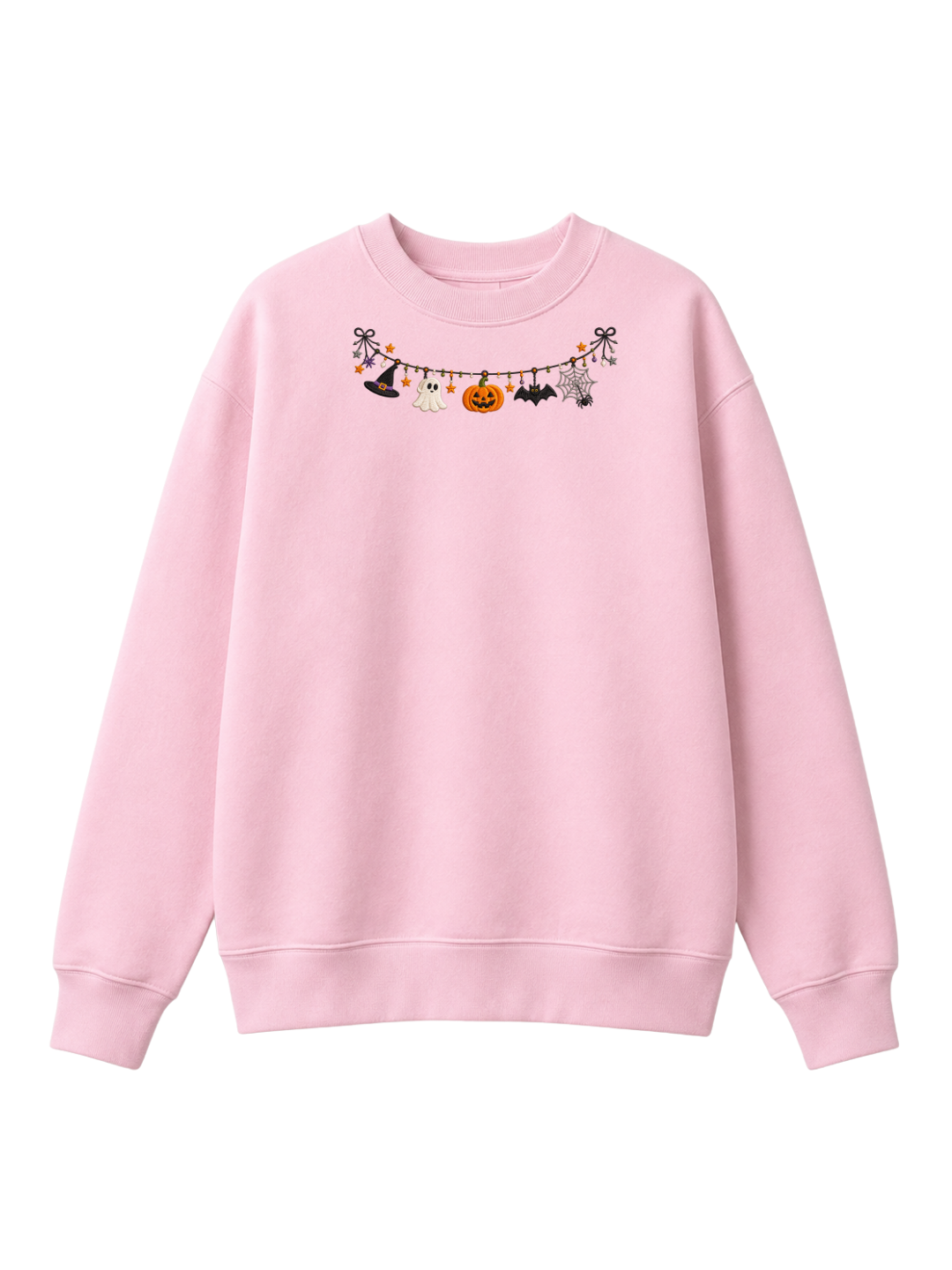 Chaotic Mom Embroided Cute Halloween Charm Garland Bat Spider Web Neckline Crewneck Sweater