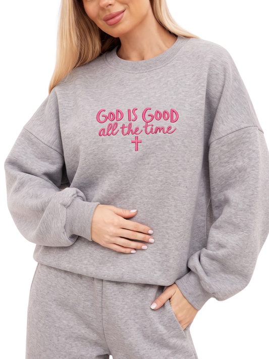 Chaotic Mom Embroided God Is Good All The Time Christian Faith Cross Sweatshirt