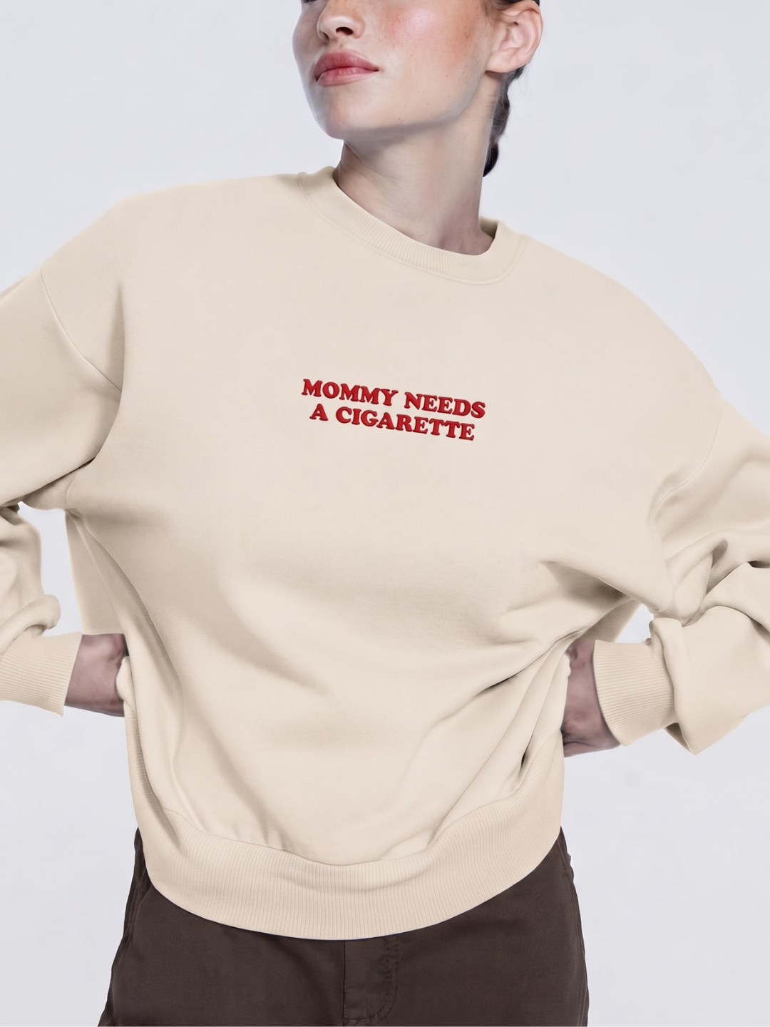 Chaotic Mom Embroided Mommy Needs A Cigarette Sarcastic Lettering Crewneck Sweatshirt