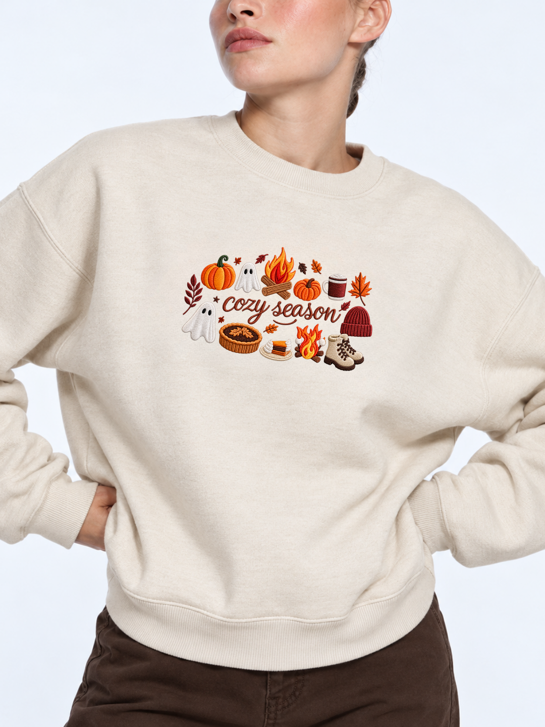 Chaotic Mom Embroided Spooky Fall Cozy Season Campfire Ghost Pumpkin Sweatshirt