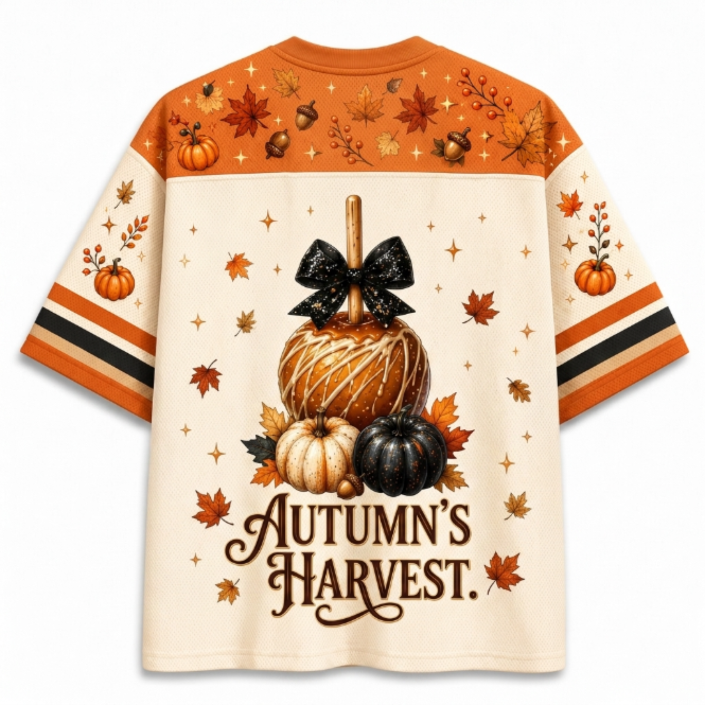A short-sleeve crewneck t-shirt featuring a detailed autumn harvest graphic on the back. The design includes a large caramel apple with a black bow, pumpkins, acorns, maple leaves, and the text 'Autumn's Harvest' in brown script.