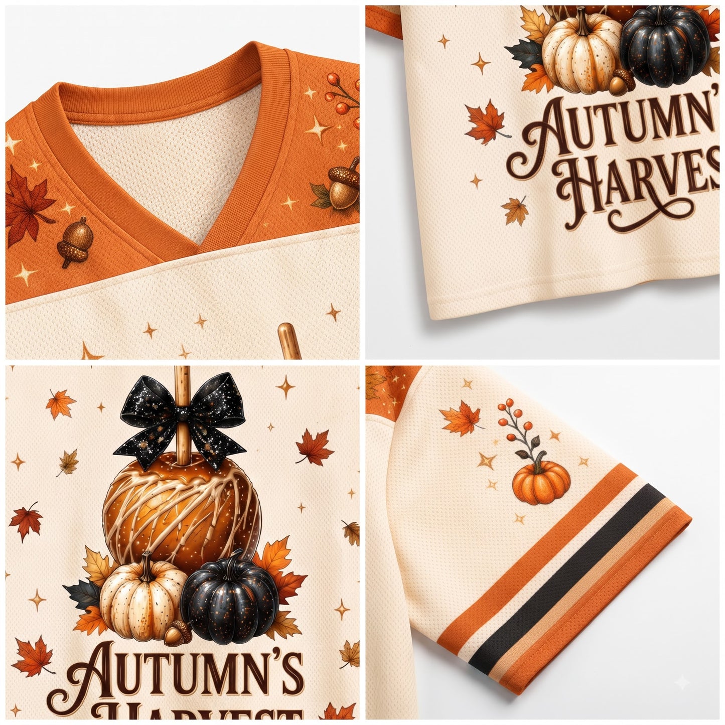 A four-panel close-up collage showing a cream-colored V-neck top with autumn-themed graphics, including pumpkins, leaves, acorns, and the words 'Autumn's Harvest.' The top panel shows the collar and upper chest, the upper right shows part of the front text and print, the lower left shows a larger pumpkin graphic with leaves and text, and the lower right shows a sleeve with orange, cream, and black stripes and a pumpkin print.