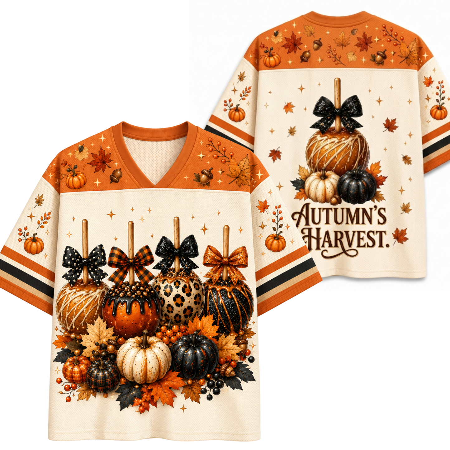Front and back views of a V-neck football-style shirt with an autumn harvest design. The shirt has an off-white body with orange shoulder panels, black and orange striped sleeve accents, and a large graphic of pumpkins, acorns, and fall leaves.