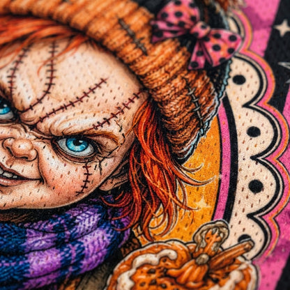 A close-up of a colorful embroidered textile featuring a stitched horror character with orange hair, blue eyes, a pink polka-dot bow, and a purple scarf, alongside a pumpkin motif.