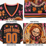 A four-panel collage showing Halloween-themed custom jersey details: collar detail, hem detail, back detail with customizable text and number, and character art detail. The jersey is black with orange, pink, and white autumn motifs including pumpkins, bows, stars, and a horror character illustration.