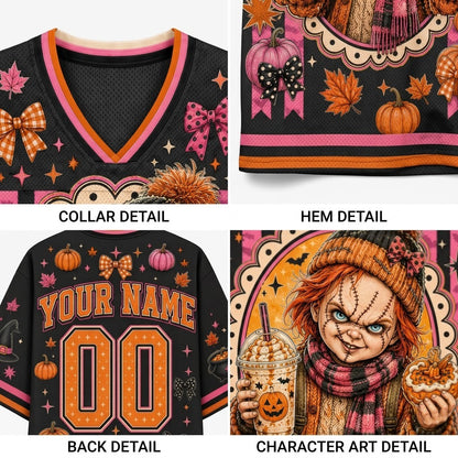 A four-panel collage showing Halloween-themed custom jersey details: collar detail, hem detail, back detail with customizable text and number, and character art detail. The jersey is black with orange, pink, and white autumn motifs including pumpkins, bows, stars, and a horror character illustration.
