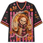 A black V-neck short-sleeve t-shirt with a colorful Halloween-themed graphic print featuring a creepy doll character, pumpkins, bows, and stars on a pink and orange striped background.