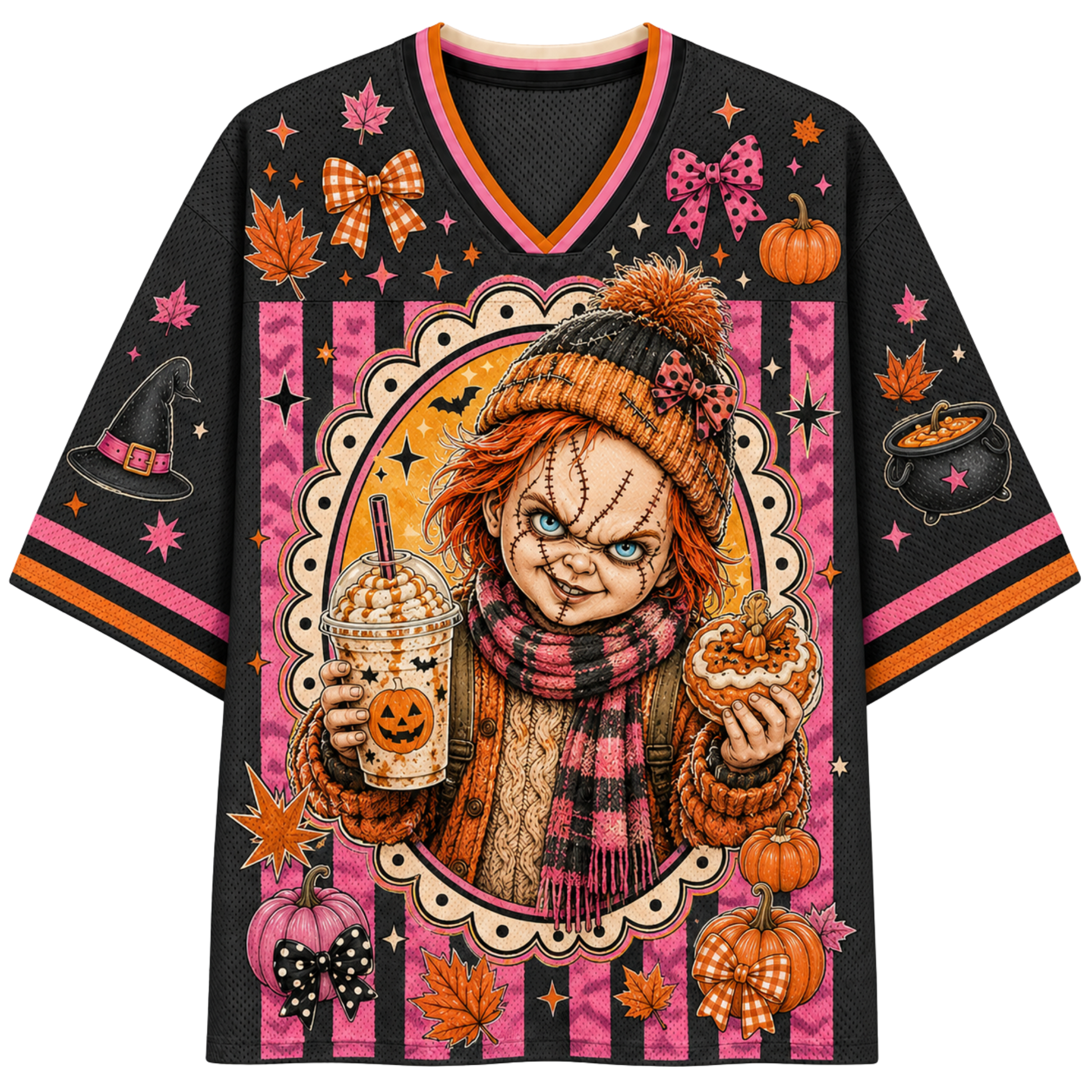 A black V-neck short-sleeve t-shirt with a colorful Halloween-themed graphic print featuring a creepy doll character, pumpkins, bows, and stars on a pink and orange striped background.