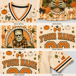 Six-panel product detail collage showing a Halloween-themed mesh V-neck jersey. Panels include neck, hem, front print, back print, and sleeve details.