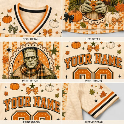 Six-panel product detail collage showing a Halloween-themed mesh V-neck jersey. Panels include neck, hem, front print, back print, and sleeve details.