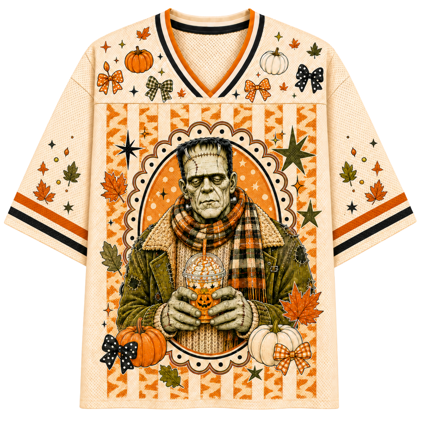 A cream-colored V-neck athletic jersey with orange and black trim, featuring a large graphic of Frankenstein's monster holding a pumpkin cup, surrounded by autumn leaves, pumpkins, stars, and bows.