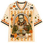 A cream-colored V-neck athletic jersey with orange and black trim, featuring a large graphic of Frankenstein's monster holding a pumpkin cup, surrounded by autumn leaves, pumpkins, stars, and bows.