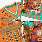 A four-panel close-up collage of a Halloween-themed orange basketball jersey. The top-left panel shows the V-neck collar with teal and white trim, decorated with pumpkins, bows, stars, and bats.
