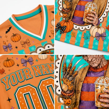 A four-panel close-up collage of a Halloween-themed orange basketball jersey. The top-left panel shows the V-neck collar with teal and white trim, decorated with pumpkins, bows, stars, and bats.