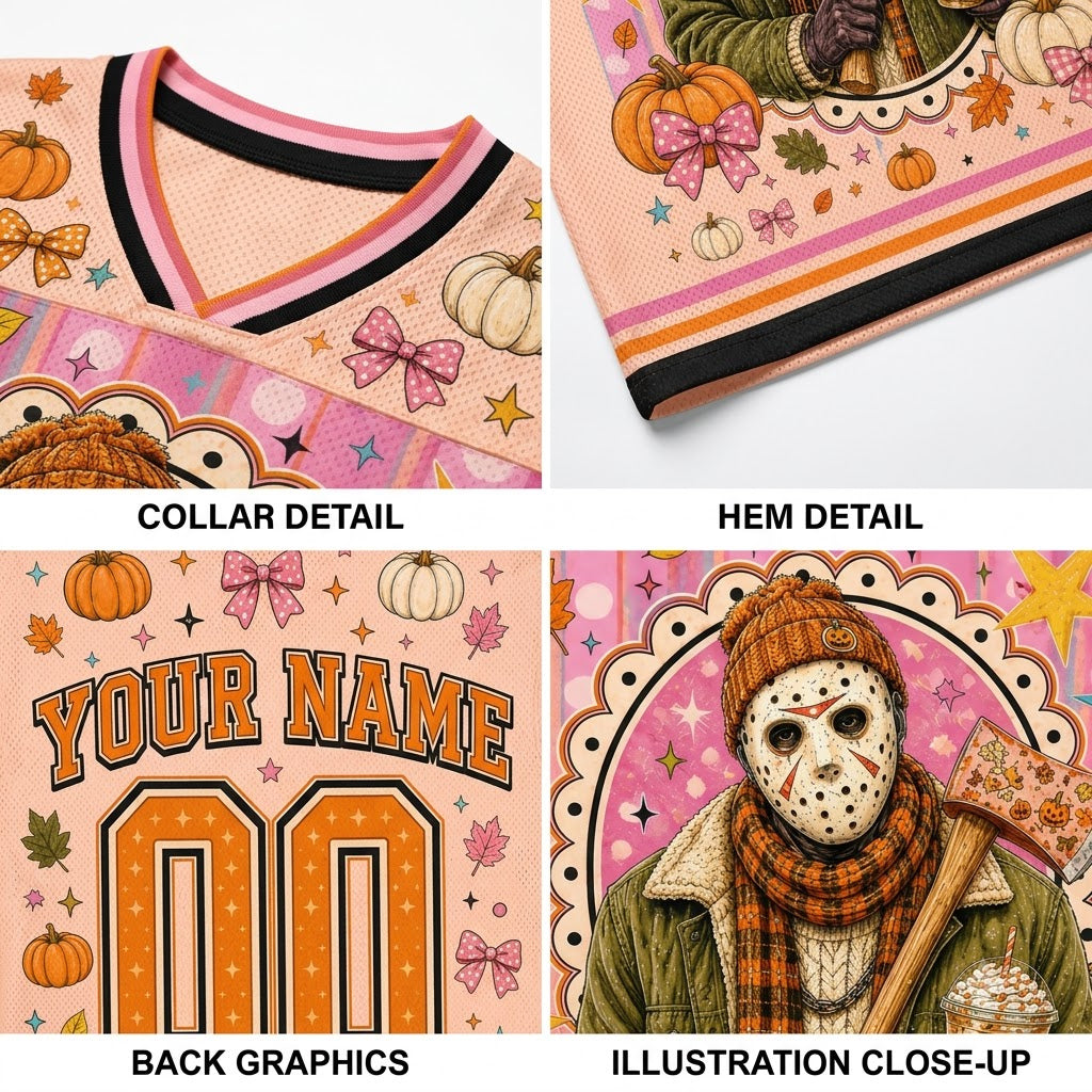 A four-panel product detail collage for a personalized V-neck jersey. The top-left panel shows the collar with pink, black, and orange striped trim.