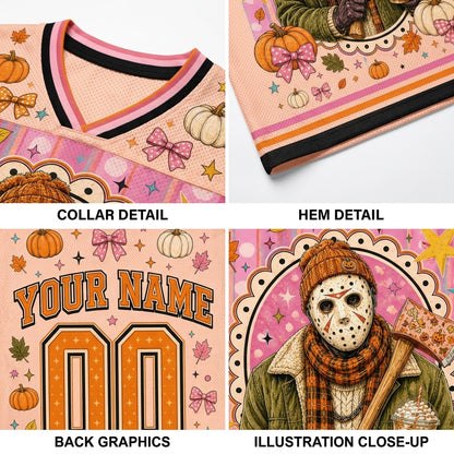 A four-panel product detail collage for a personalized V-neck jersey. The top-left panel shows the collar with pink, black, and orange striped trim.