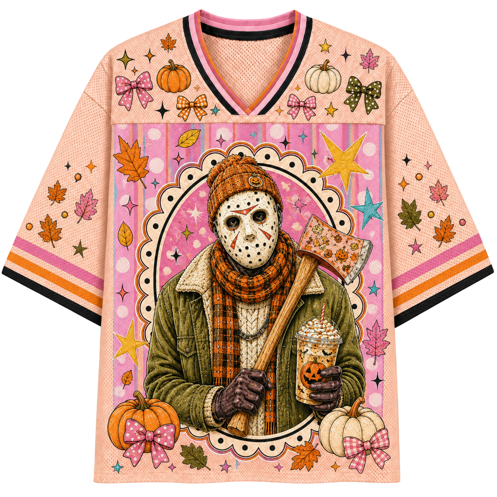 A short-sleeve V-neck t-shirt with a detailed Halloween graphic print. The design features a central character in a hockey mask holding a pumpkin-themed drink and an axe, surrounded by pumpkins, autumn leaves, stars, and bows on a pink patterned background, all set against a solid white backdrop.