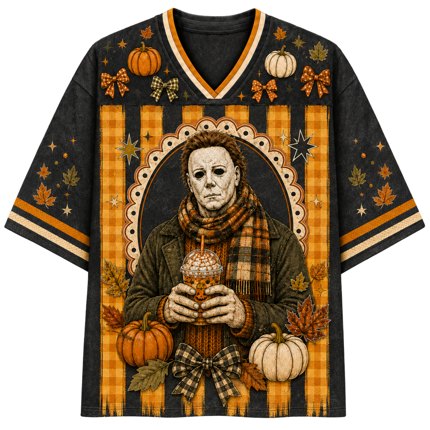 Front view of the black varsity jersey displaying Michael Myers wearing a jacket and plaid scarf while holding an iced pumpkin spice latte surrounded by pumpkins and coquette bows.