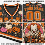 A four-panel product detail collage showing a Halloween-themed custom jersey: collar and mesh detail, back with customizable name and number text, hem and bottom graphics, and a clown print illustration.