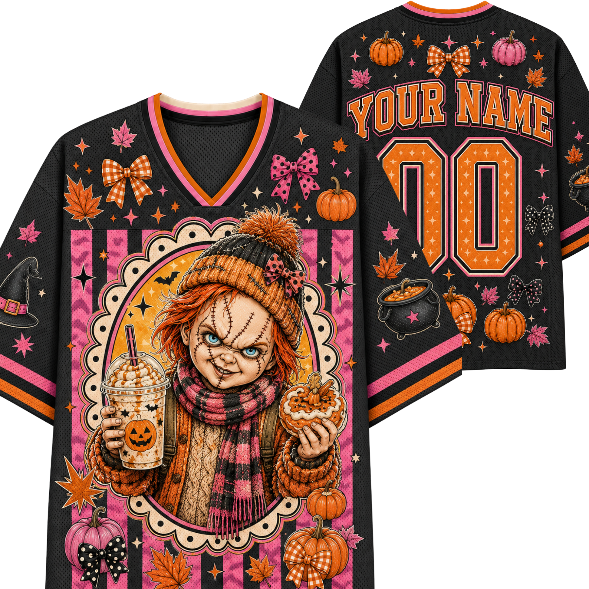 A black mesh V-neck jersey shown from the front and back, decorated with a colorful Halloween theme. The front features a central graphic of a creepy doll character in a knit beanie and scarf holding a drink and a cookie, surrounded by pumpkins, bows, and stars.
