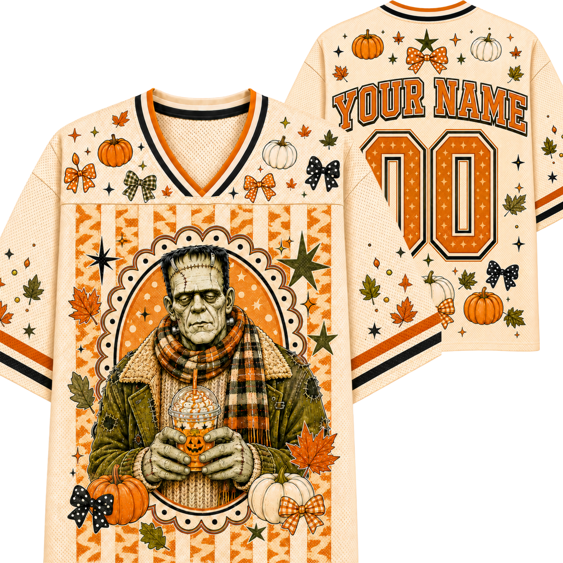 A Halloween-themed football jersey shown from the front and back on a plain white background. The cream-colored jersey features orange and black striped trim, autumn leaves, pumpkins, stars, and bows, with a large graphic of Frankenstein's monster holding a pumpkin on the front.