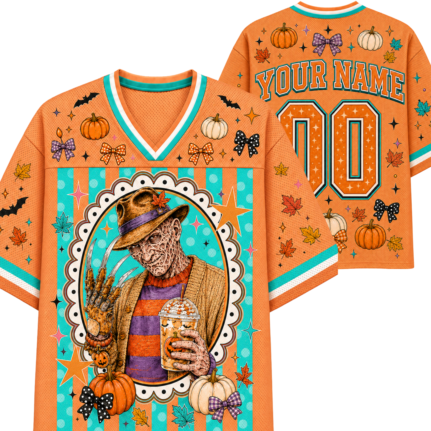 An orange Halloween-themed custom sports jersey shown from the front and back. The jersey features a colorful graphic of a spooky scarecrow in a hat holding a drink, surrounded by pumpkins, autumn leaves, stars, bats, and bows.