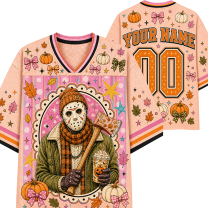 A personalized Halloween-themed sports jersey shown from both front and back. The light peach-pink base is decorated with orange pumpkins, pink and orange bows, autumn leaves, stars, and a central graphic of a hockey mask character in a green jacket and plaid scarf holding a drink.