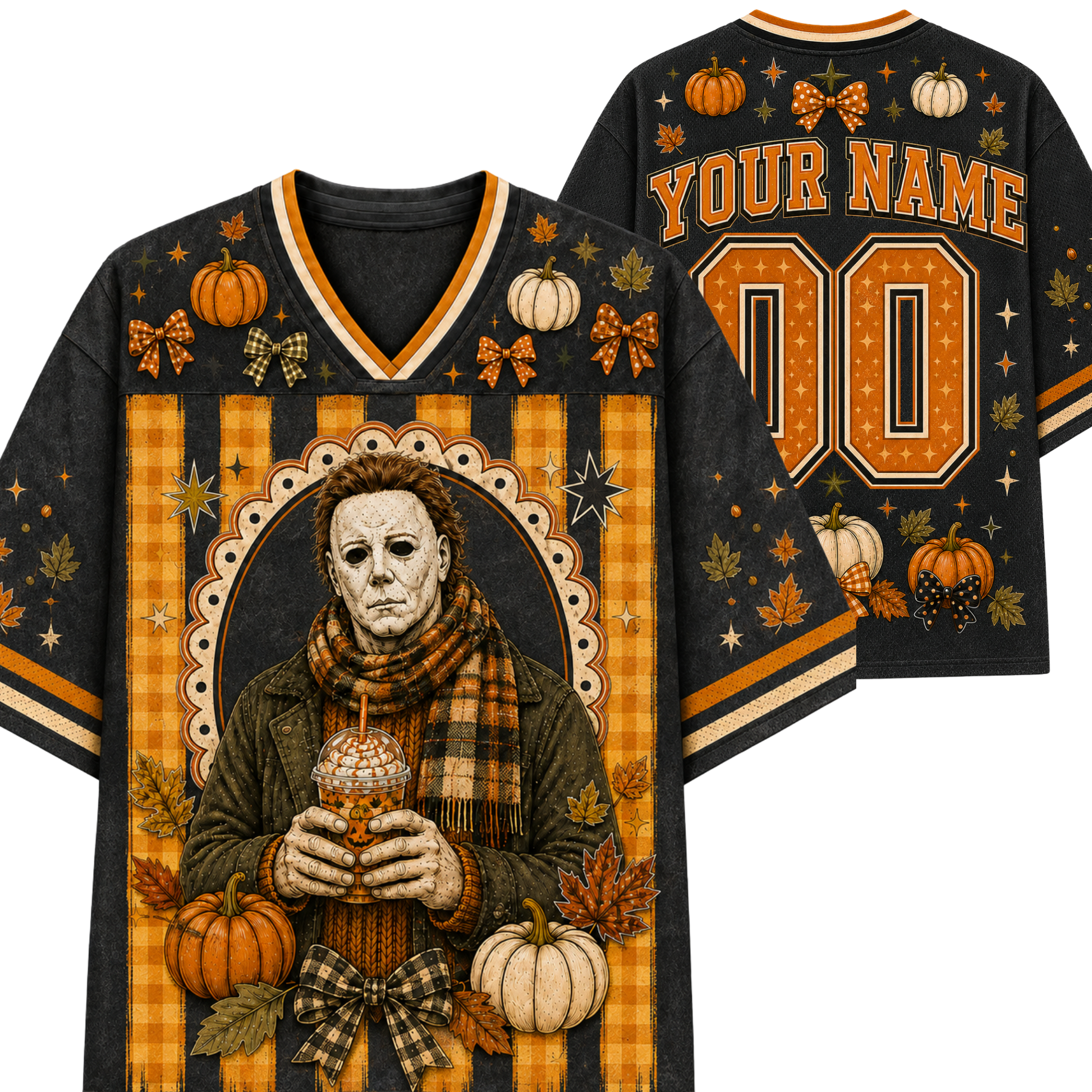 Front and back mockup preview of the black Chaotic Club Halloween jersey featuring Michael Myers holding a pumpkin spice latte, plaid scarf, custom name, and number 00.