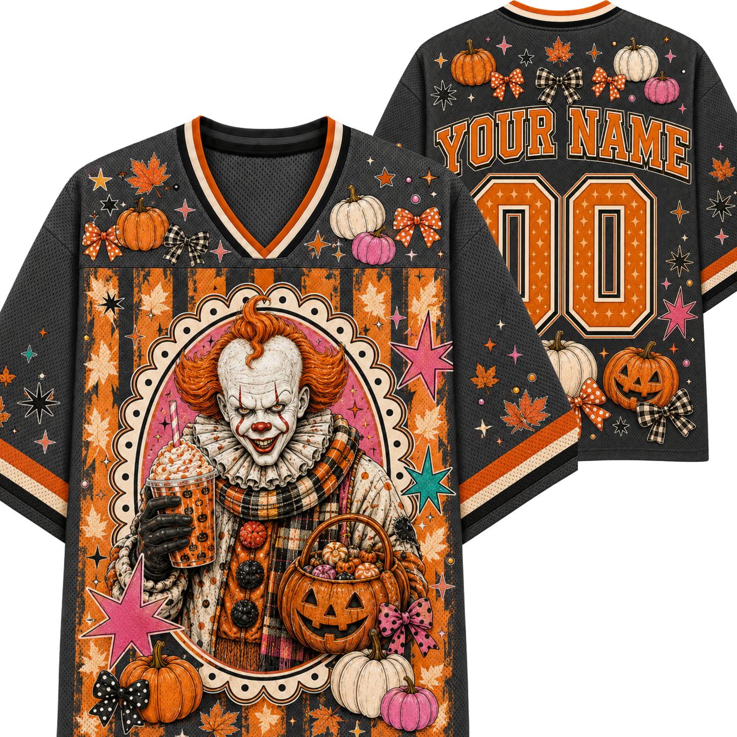 A custom Halloween-themed football jersey shown from both the front and back. The dark gray base is decorated with orange and white pumpkins, pink and white pumpkins, orange stars, and a large graphic of a creepy clown holding a candy corn bucket.
