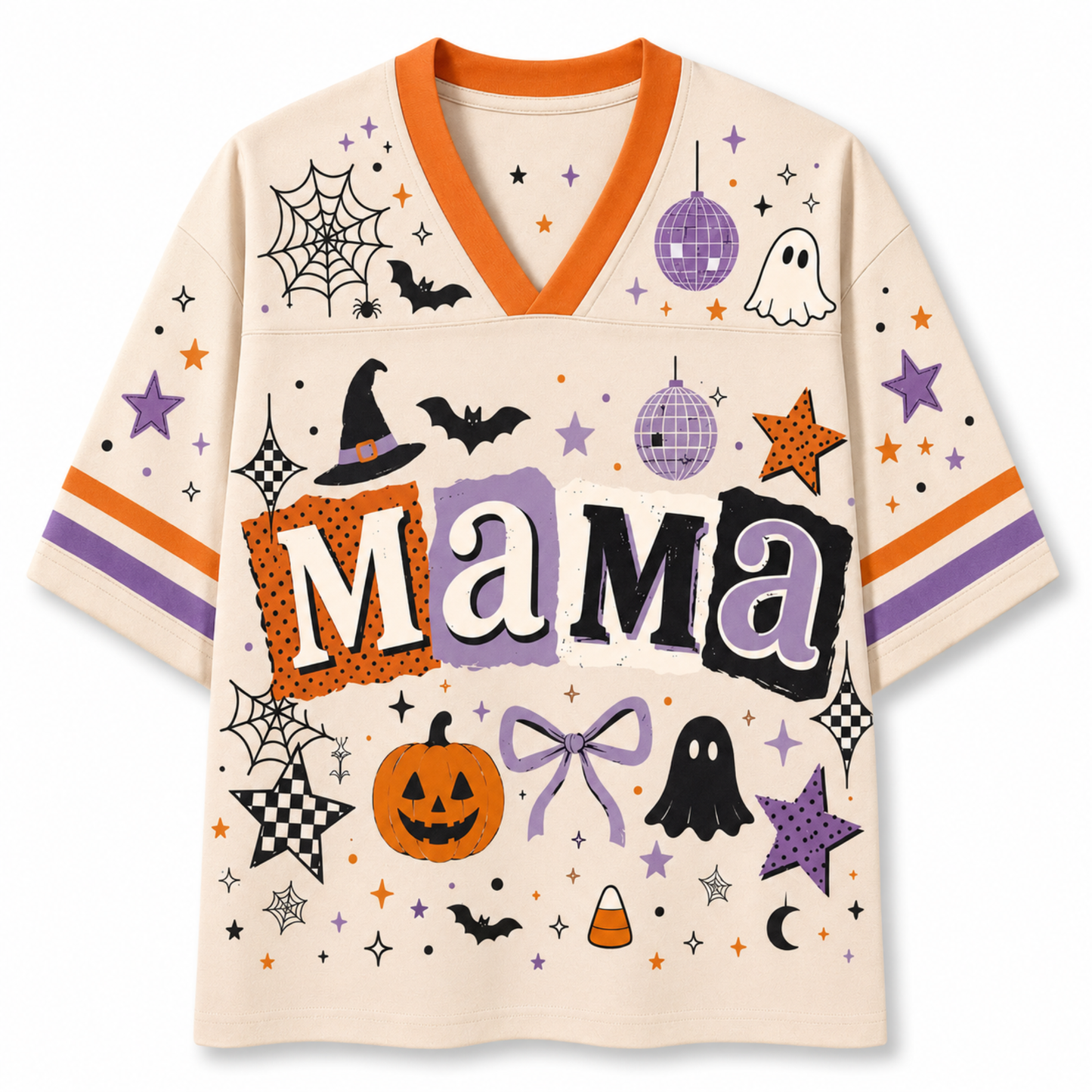 A cream-colored V-neck t-shirt with orange trim, featuring a colorful Halloween graphic print with the word 'Mama' in large letters and spooky motifs like pumpkins, ghosts, bats, and stars.