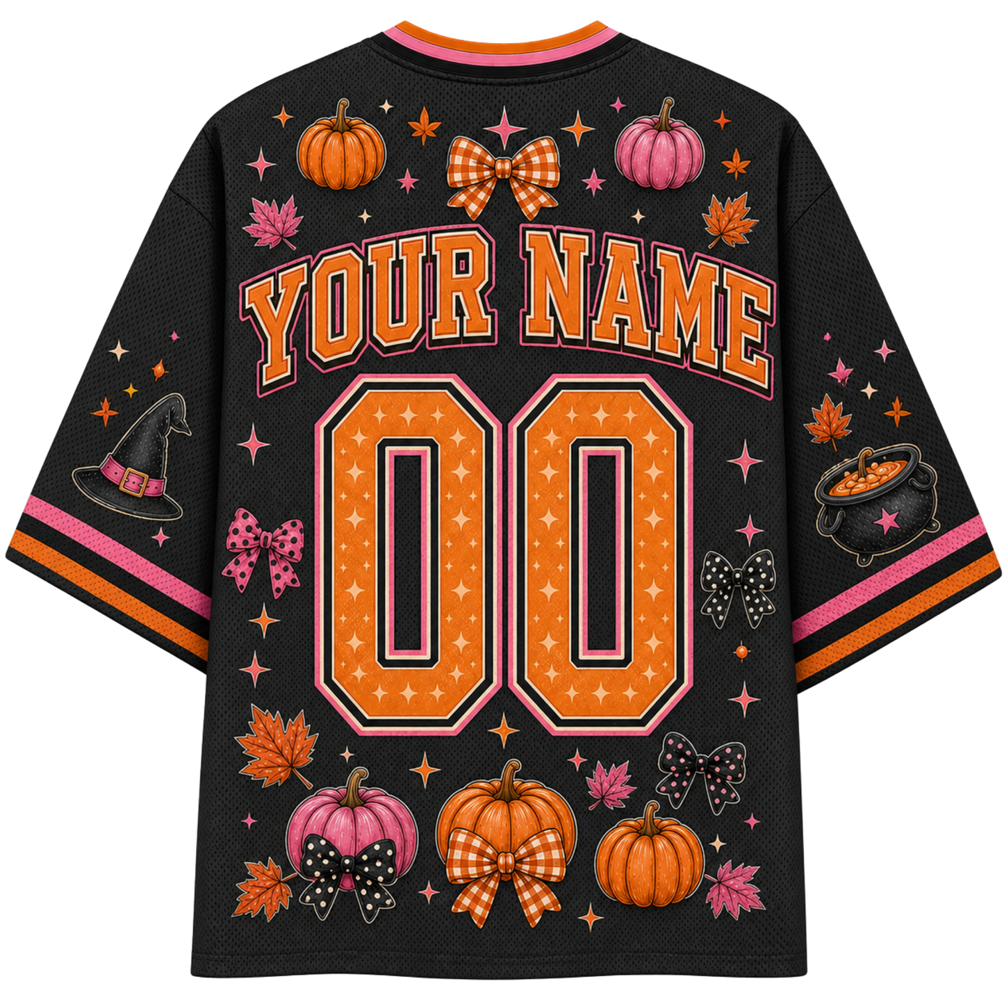 A black mesh short-sleeve jersey shown from the back, featuring customizable orange and pink text reading 'YOUR NAME' above large '00' numbers. The shirt is decorated with autumn-themed graphics including pumpkins, bows, leaves, stars, a witch hat, and a cauldron, with orange, pink, and black striped sleeve cuffs.