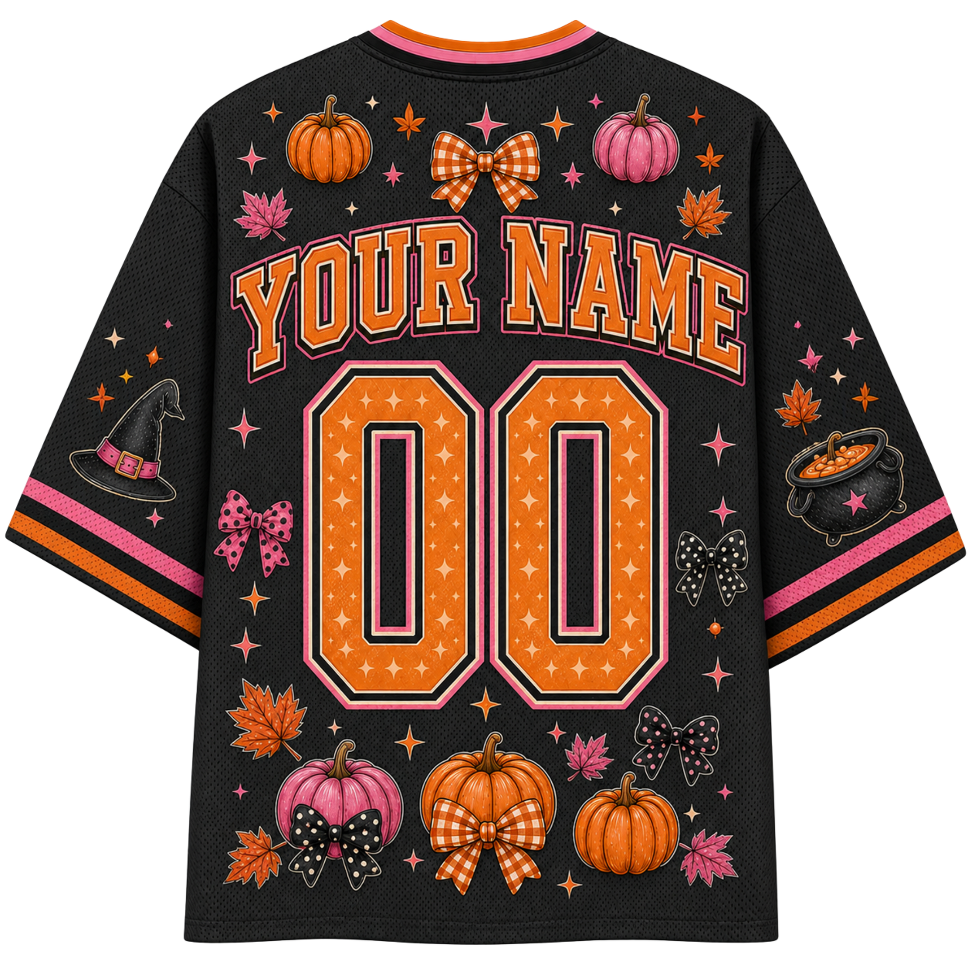 A black mesh short-sleeve jersey shown from the back, featuring customizable orange and pink text reading 'YOUR NAME' above large '00' numbers. The shirt is decorated with autumn-themed graphics including pumpkins, bows, leaves, stars, a witch hat, and a cauldron, with orange, pink, and black striped sleeve cuffs.