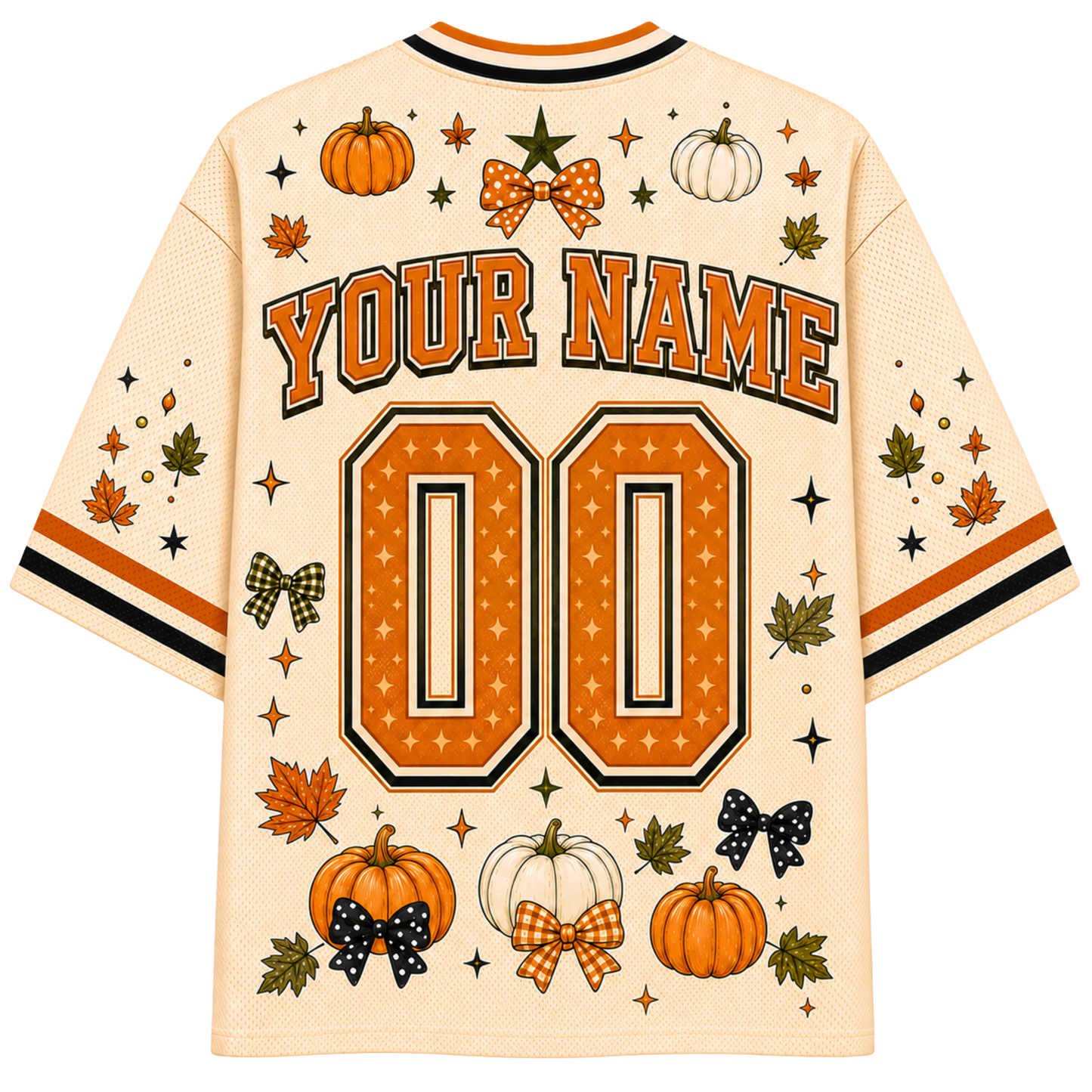 A cream-colored mesh baseball-style jersey shown from the back, featuring customizable orange and black text reading 'YOUR NAME' and '00', surrounded by autumn-themed graphics including pumpkins, stars, leaves, and bows.