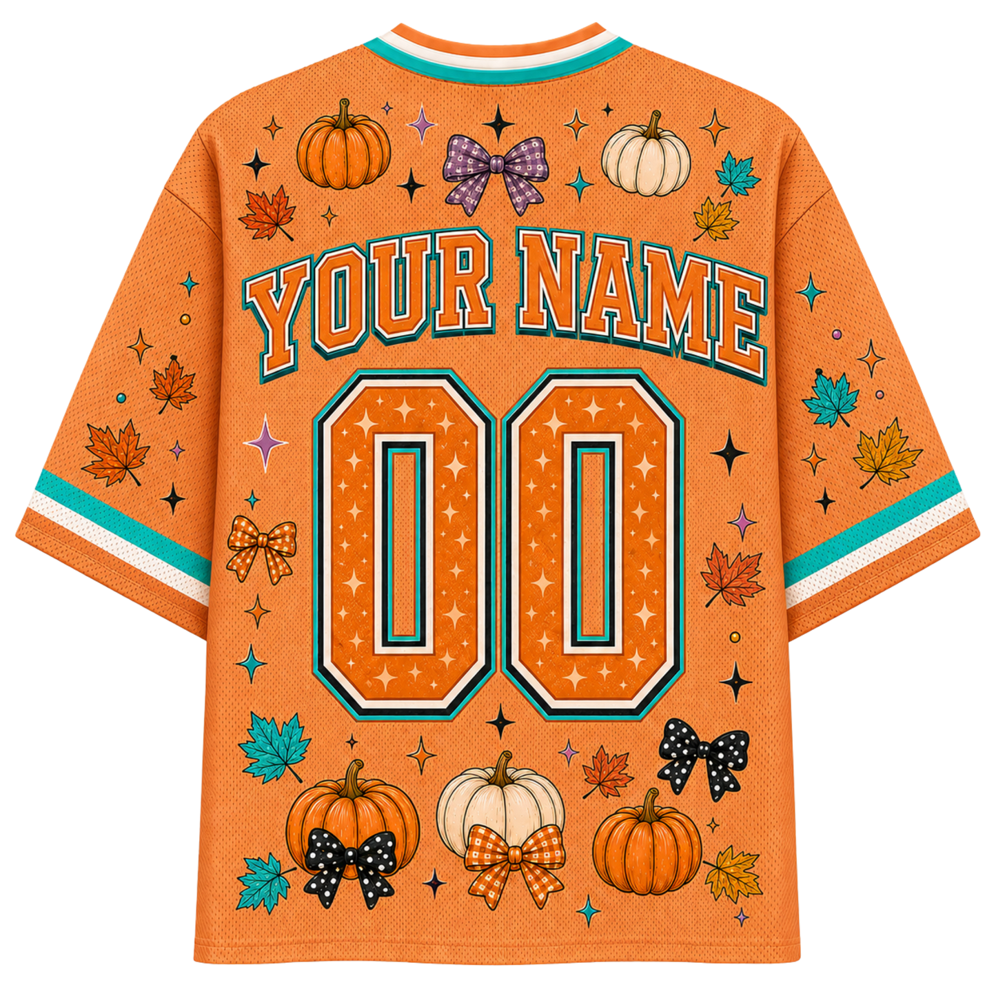 An orange mesh baseball-style jersey shown from the back, featuring a customizable design with 'YOUR NAME' and '00' in large outlined numbers. The shirt is decorated with autumn motifs including pumpkins, maple leaves, bows, stars, and teal and white striped accents on the collar and sleeves.