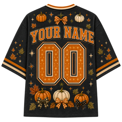 Back view of the Chaotic Club jersey showcasing 'YOUR NAME' typography above an orange patterned athletic number 00 surrounded by pumpkins, bows, and maple leaves.