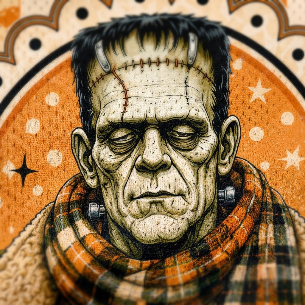 A stylized illustrated portrait of Frankenstein's monster with stitched skin, dark hair, and a plaid scarf, set against an orange decorative background with stars and dots.