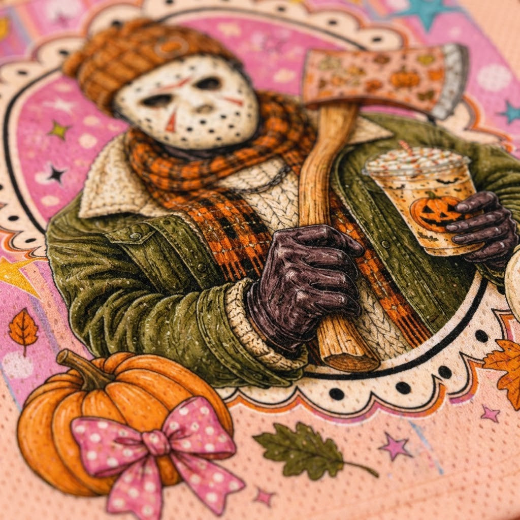 A close-up of a Halloween-themed illustrated design featuring a masked figure in an olive green jacket and orange plaid scarf, holding a jack-o'-lantern cup, with pumpkins, leaves, stars, and autumn decorations on a pink patterned background.
