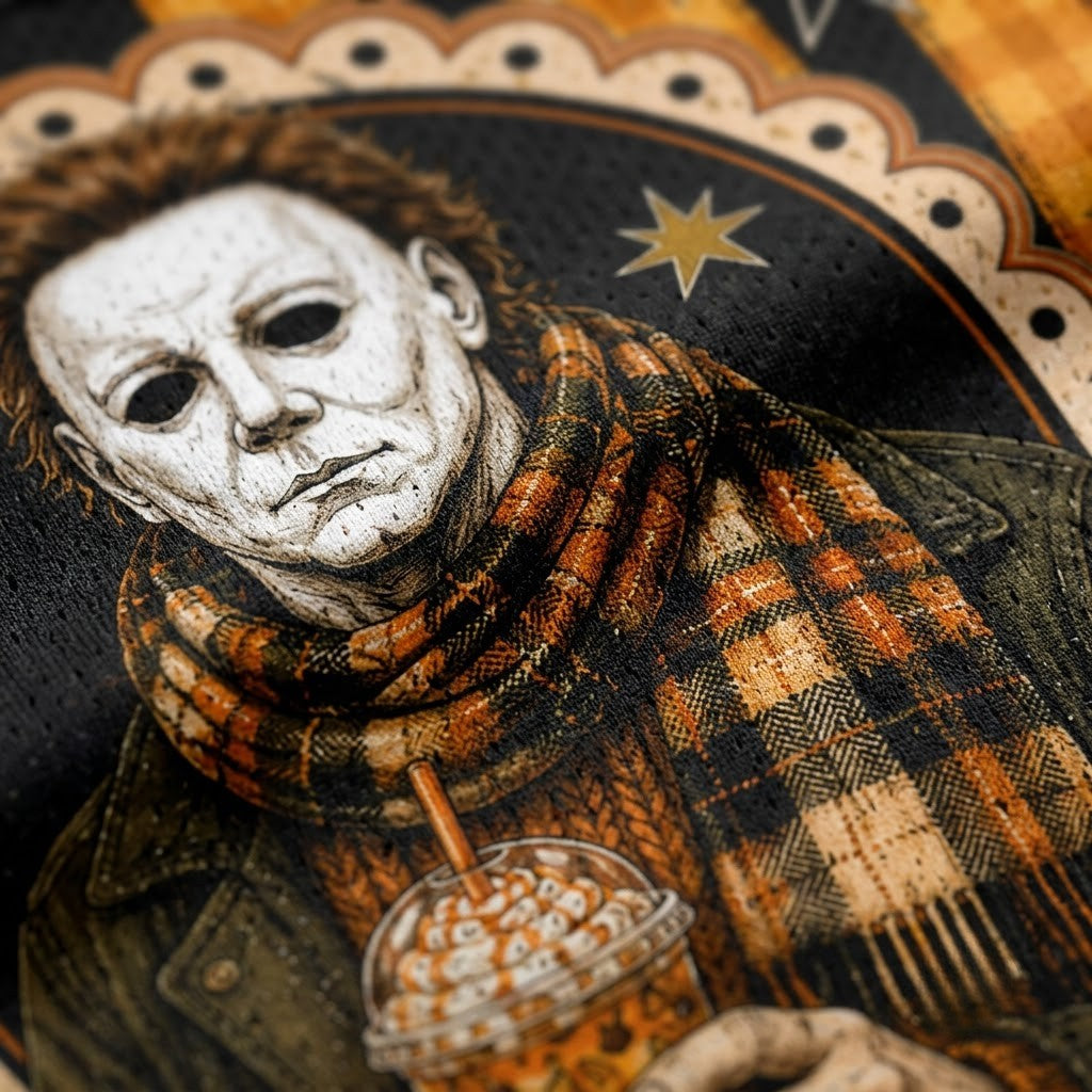 Macro close-up shot of the graphic print on mesh fabric, focusing on the high-definition textures of Michael Myers holding a pumpkin spice latte cup, plaid scarf, and orange bow.