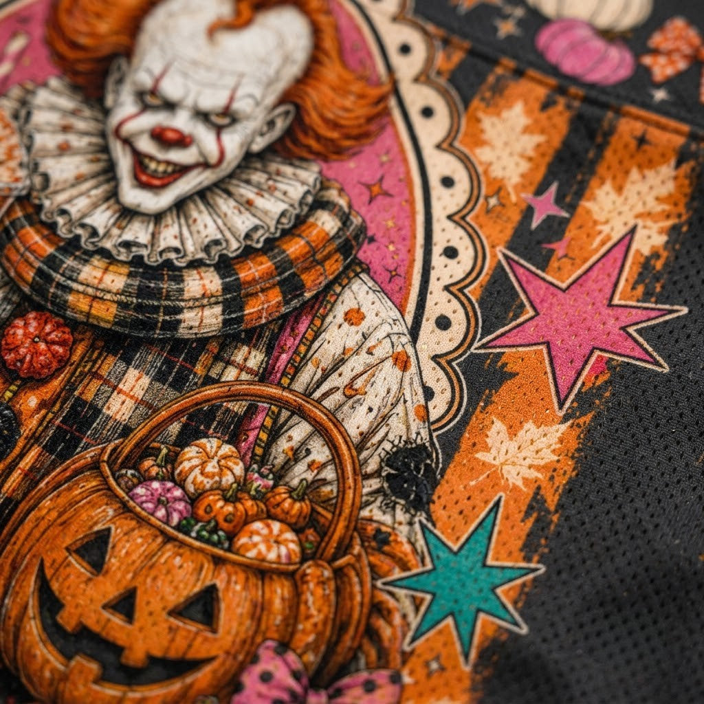 Close-up of a Halloween-themed graphic print featuring a clown, a jack-o'-lantern basket filled with pumpkins, and orange stars on a dark textured background.