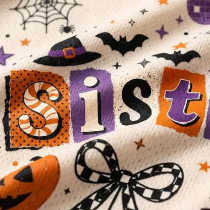 A close-up of a Halloween-themed fabric or textile print with the word "Sister" in large letters, decorated with bats, a witch hat, stars, spiderwebs, and orange jack-o'-lantern shapes on a cream background.