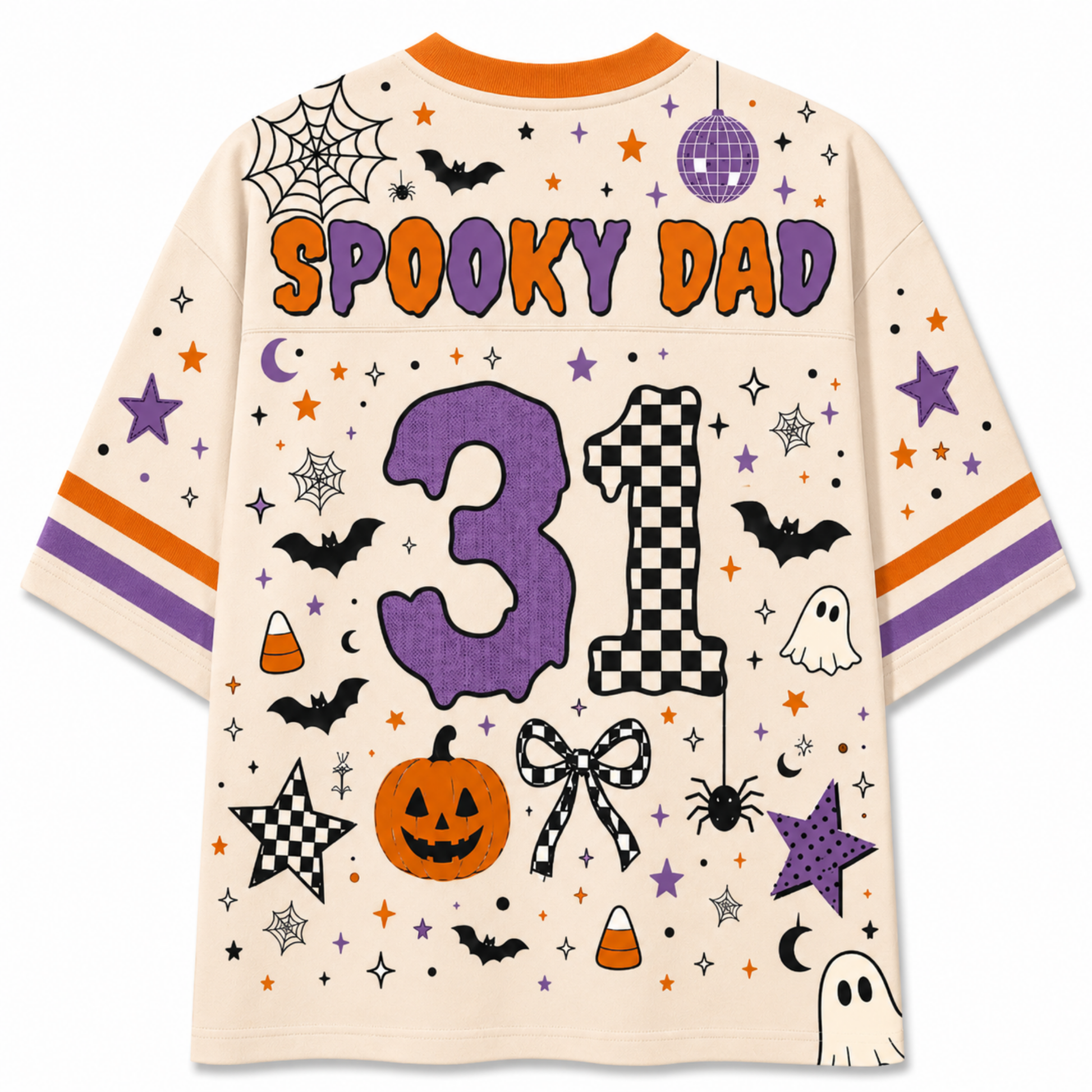 A cream-colored short-sleeve t-shirt with a colorful 'Spooky Dad 31' Halloween graphic print on the back, featuring pumpkins, ghosts, bats, stars, and stripes.