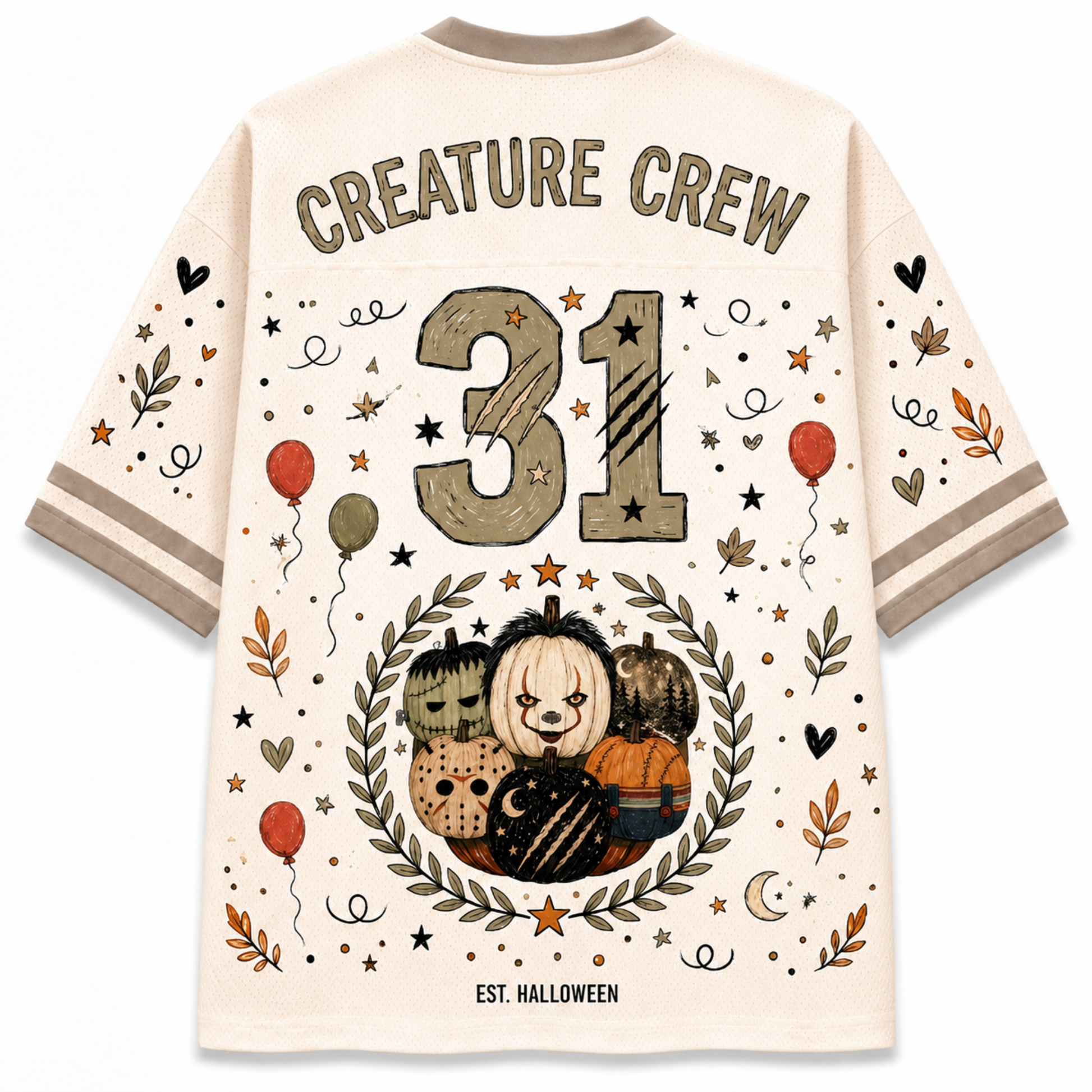 A cream-colored short-sleeve t-shirt with a Halloween-themed graphic print on the back. The design features the text 'CREATURE CREW' and 'EST.