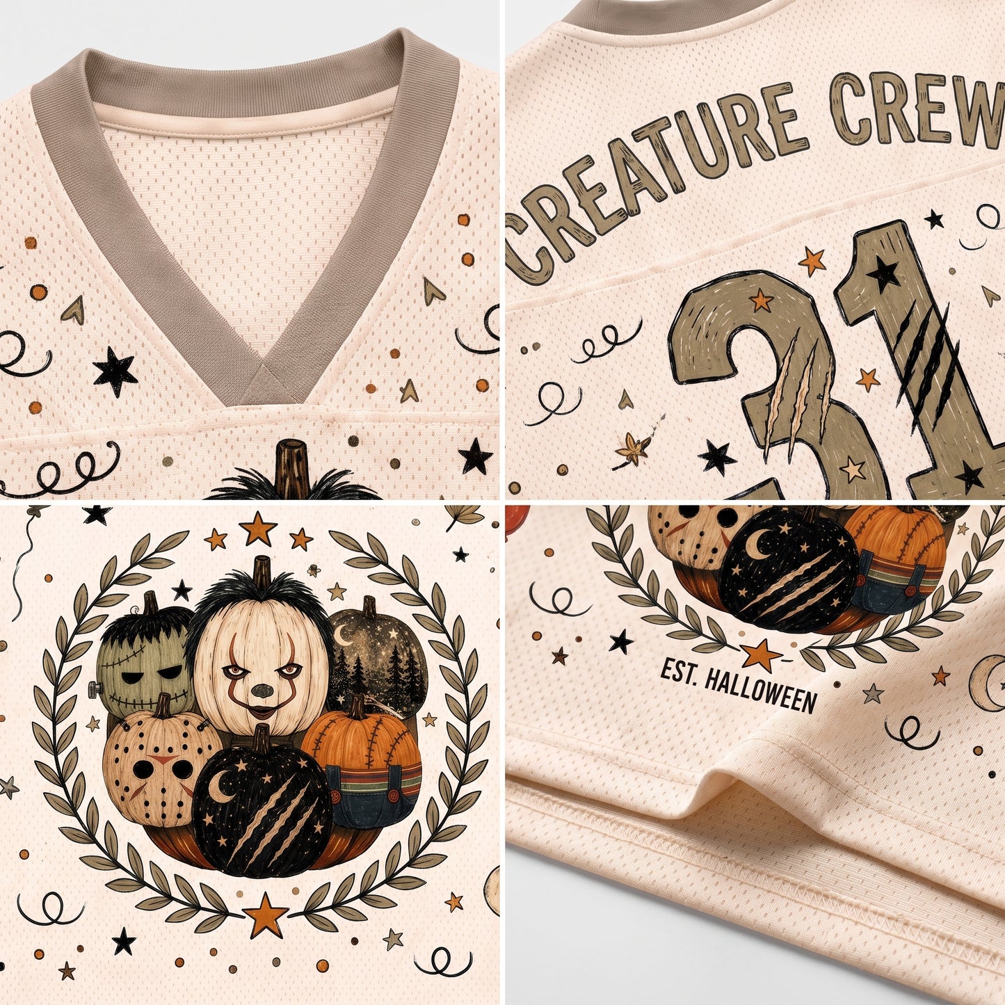 A cream-colored mesh sports jersey shown in a four-panel close-up collage. The top-left panel shows the V-neck collar and shoulder area with a beige-gray trim.