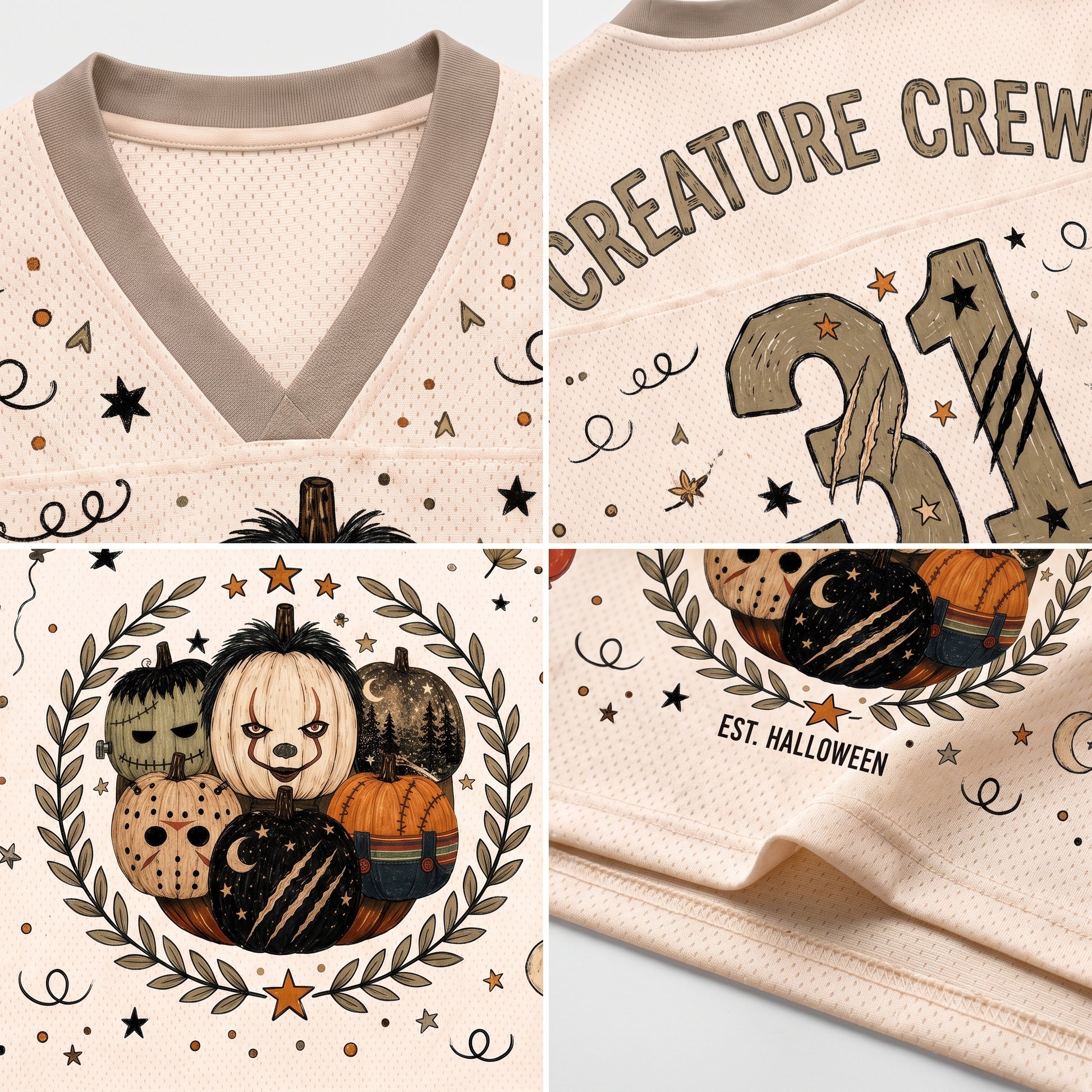 A cream-colored mesh sports jersey shown in a four-panel close-up collage. The top-left panel shows the V-neck collar and shoulder area with a beige-gray trim.