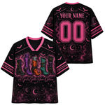 Front and back views of a customizable black V-neck t-shirt with a pink collar, featuring a gothic witch-themed graphic with the word 'HOLLY' in colorful boots, bats, moons, and the text 'A Girls Gotta Have Options' and 'YOUR NAME 00'.